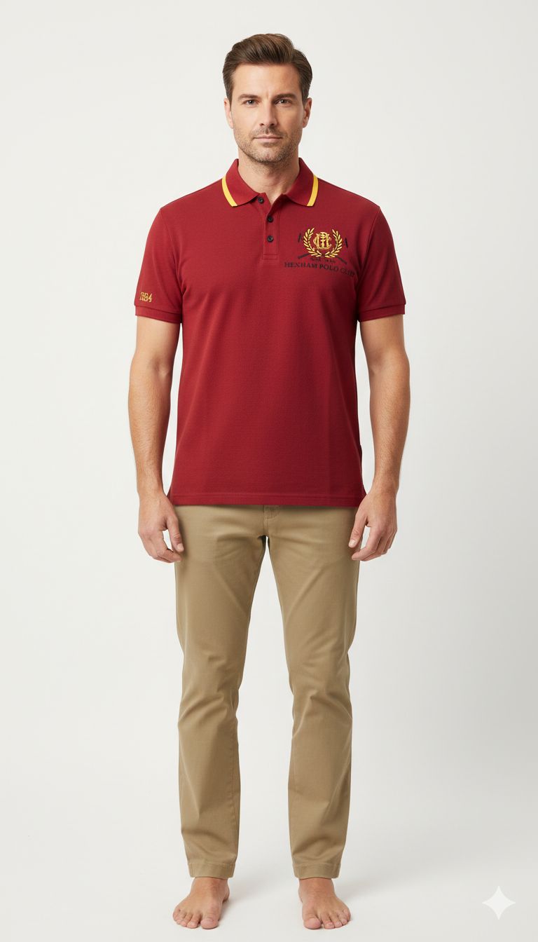Hexham Polo Club official maroon polo shirt with gold trim and embroidered club crest