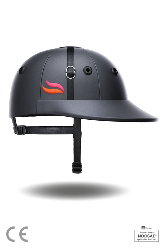 Side view of Casablanca polo helmet with adjustable chin strap