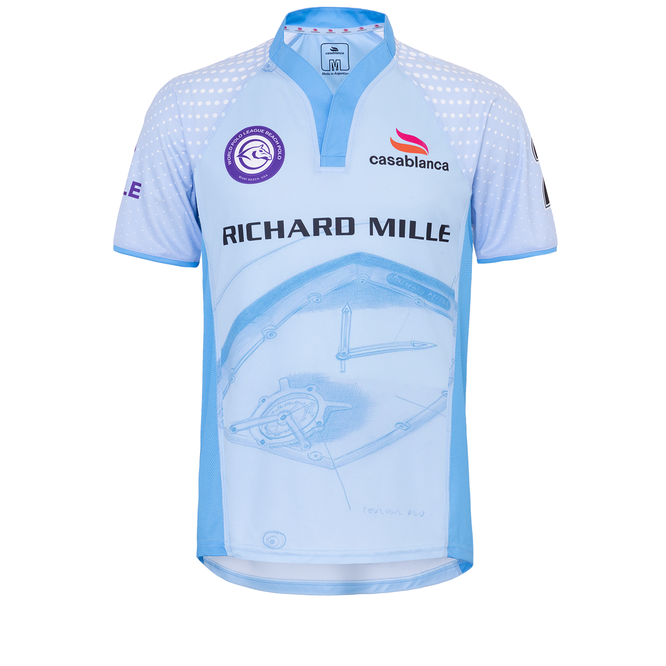 A light blue and white polo jersey with 'RICHARD MILLE' printed across the chest, featuring sponsor logos including Casablanca and a purple circular crest, displayed on a solid white background.